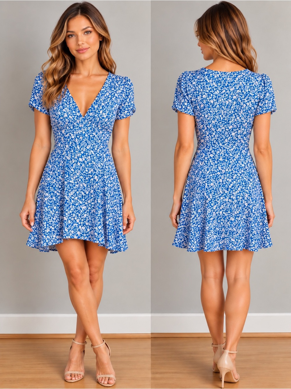 Princess Polly Blue Ditzy Floral‎ Mini Dress Size 10 V-Neck Ruched Cute